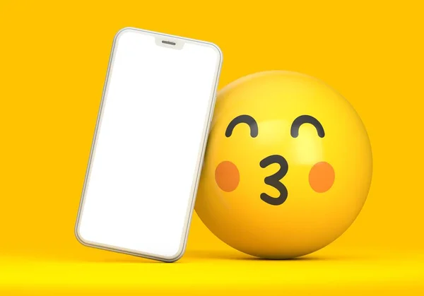 Smartphone-Attrappe mit leerem Bildschirm und lustigem Emoji-Charakter. 3D-Darstellung — Stockfoto