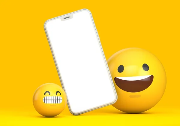 Mockup smartphone con schermo bianco e divertente personaggio emoji. Render 3D — Foto Stock