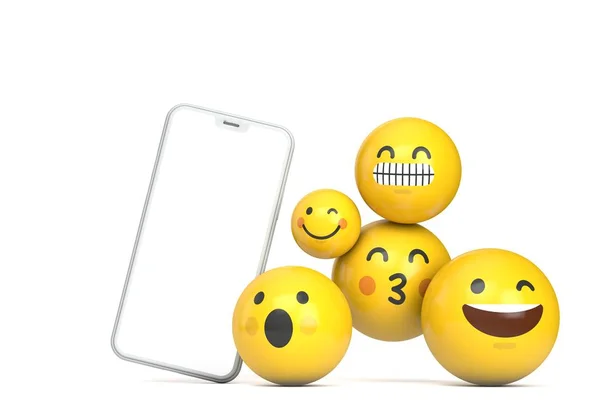 Mockup smartphone con schermo bianco e divertente personaggio emoji. Render 3D — Foto Stock