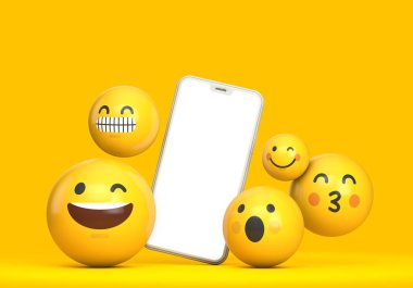 Boş ekran ve eğlenceli emoji karakteri ile Smartphone mockup. 3D render