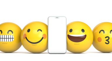 Boş ekran ve eğlenceli emoji karakteri ile Smartphone mockup. 3D render