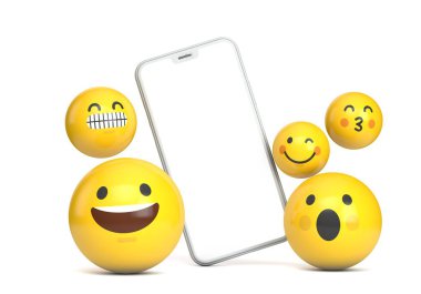 Boş ekran ve eğlenceli emoji karakteri ile Smartphone mockup. 3D render