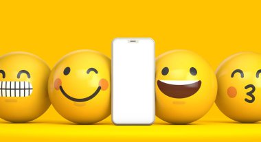 Boş ekran ve eğlenceli emoji karakteri ile Smartphone mockup. 3D render
