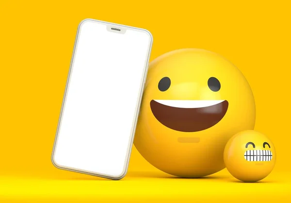 Smartphone mockup met leeg scherm en leuke emoji karakter. 3D renderen — Stockfoto