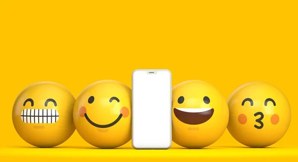 Mockup smartphone con schermo bianco e divertente personaggio emoji. Render 3D — Foto Stock