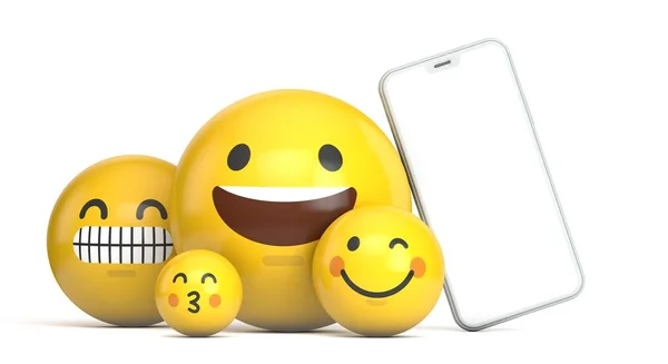 Mockup smartphone con schermo bianco e divertente personaggio emoji. Render 3D — Foto Stock