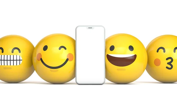 Mockup smartphone con schermo bianco e divertente personaggio emoji. Render 3D — Foto Stock