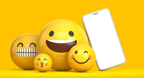 Modèle de smartphone avec écran vierge et personnage emoji amusant. Expéditeur 3D — Photo