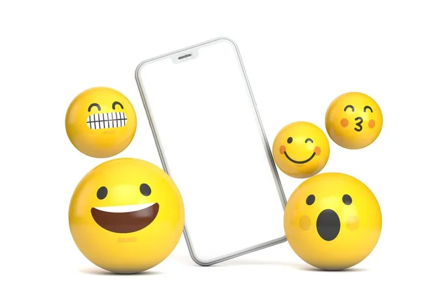 Smartphone maqueta con pantalla en blanco y divertido carácter emoji. Renderizado 3D — Foto de Stock