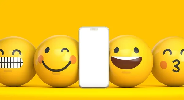 Mockup smartphone con schermo bianco e divertente personaggio emoji. Render 3D — Foto Stock