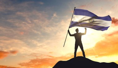 El Salvador flag being waved by a man celebrating success at the clipart