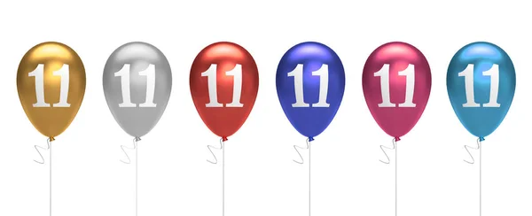 Number 11 birthday balloons collection gold, silver, red, blue, — Stock Photo, Image