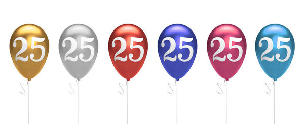 Number 25 birthday balloons collection gold, silver, red, blue, 