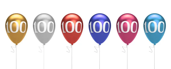 Number 100 birthday balloons collection gold, silver, red, blue, — Stock Photo, Image