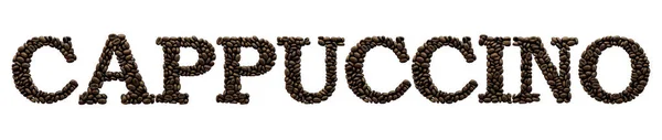 Palabra cappuccino hecha de fuente de grano de café. Renderizado 3D —  Fotos de Stock