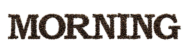 Palabra de la mañana hecha de fuente de grano de café. Renderizado 3D — Foto de Stock