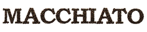 Macchiato palabra hecha de fuente de grano de café. Renderizado 3D —  Fotos de Stock