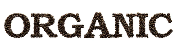 Οργανική λέξη που φτιάχτηκε από γραμματοσειρά καφέ φασολιών. Απόδοση 3D — Φωτογραφία Αρχείου