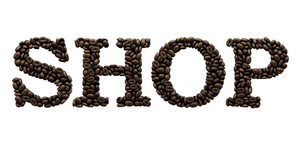 Shop Word gemaakt van Coffee Bean lettertype. 3D-rendering — Stockfoto