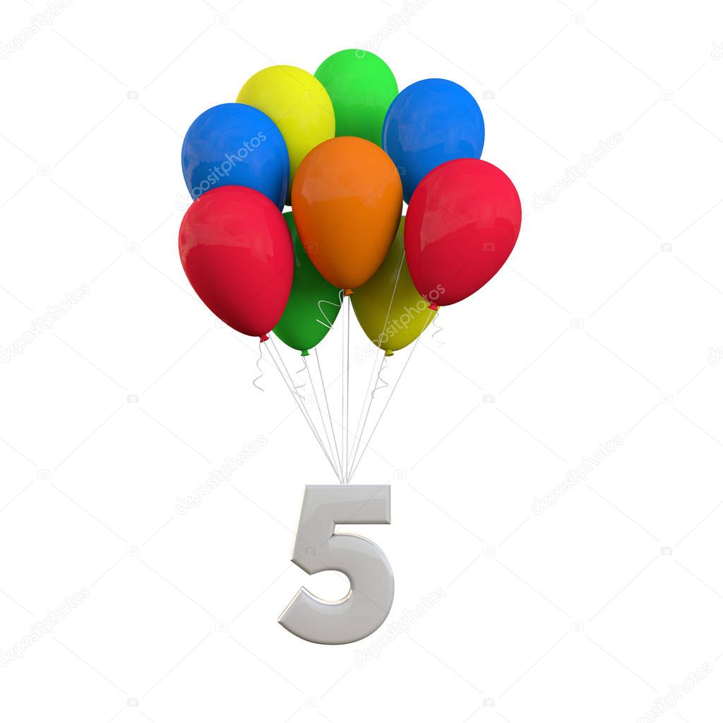 Number 5 party celebration. Number attached to a bunch of balloo