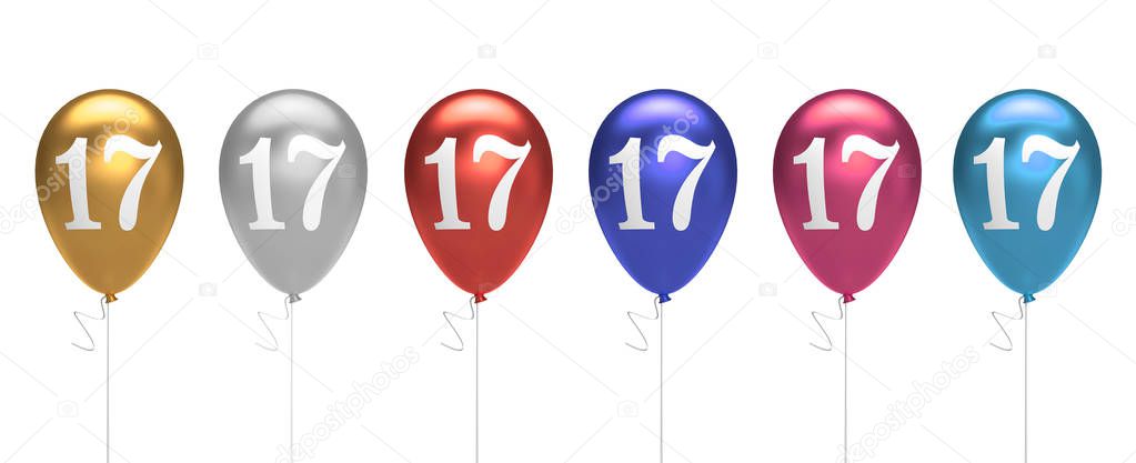 Number 17 birthday balloons collection gold, silver, red, blue, 