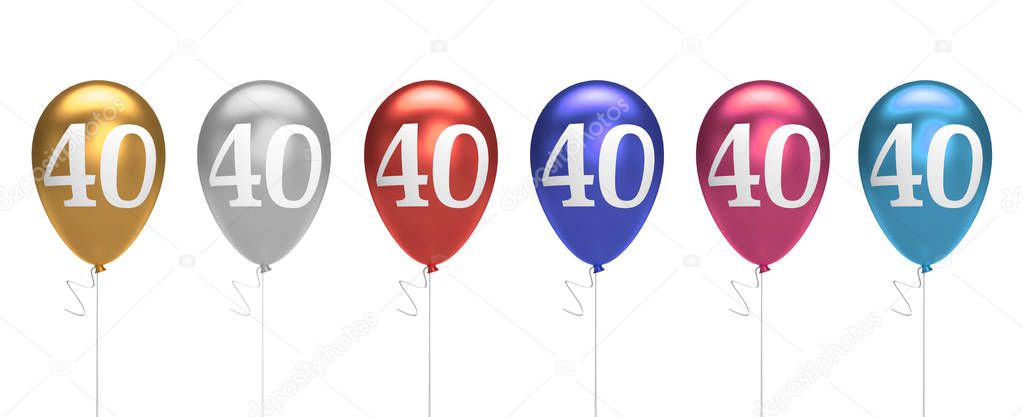 Number 40 birthday balloons collection gold, silver, red, blue, 
