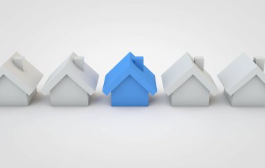 Konut konsepti. Mavi Ev diğerlerinden öne çıkıyor. 3B Işleme