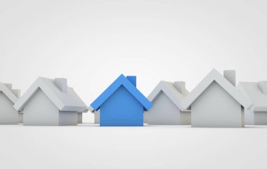 Konut konsepti. Mavi Ev diğerlerinden öne çıkıyor. 3B Işleme