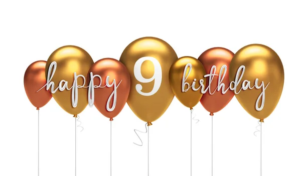 Gelukkig 9e verjaardag gouden ballon groet achtergrond. 3D Renderin — Stockfoto