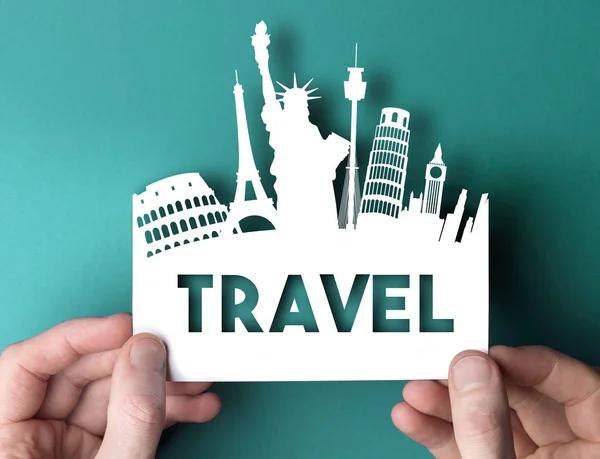 Travel paper cut out shape with famous city travel destination l — Stock Photo, Image