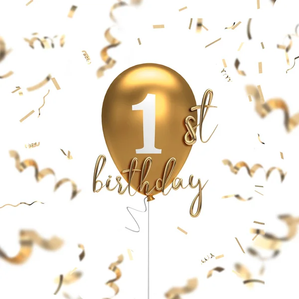 Happy 1st birthday gold balloon greeting background. 3D Renderin