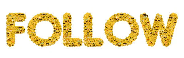Η λέξη ακολουθεί γραμμένη στα κοινωνικά πολυμέσα emoji χαρακτήρες χαμογελαστή — Φωτογραφία Αρχείου