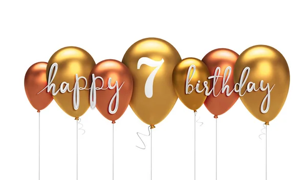 Feliz séptimo cumpleaños globo de oro saludo fondo. Renderina 3D — Foto de Stock