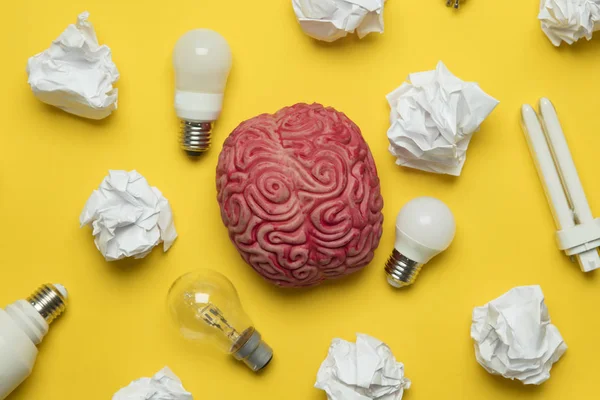 Nové nápady. Mozek s cibulí a papírem na žlutém — Stock fotografie