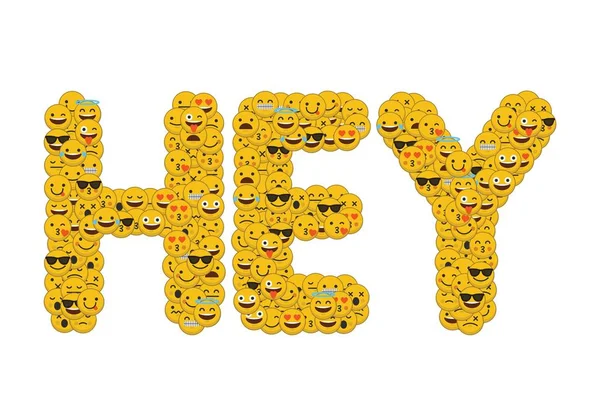 La parola hey scritta nei social media emoji caratteri smiley — Foto Stock