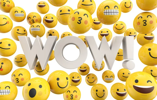 Wow kelime ile Emoji ifade karakter yüzleri seti, 3D rend — Stok fotoğraf