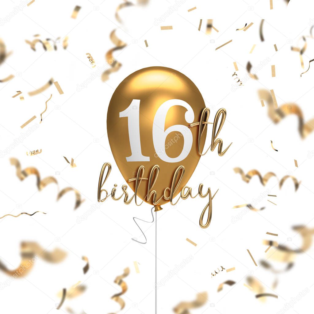 Happy 16th birthday gold balloon greeting background. 3D Renderi