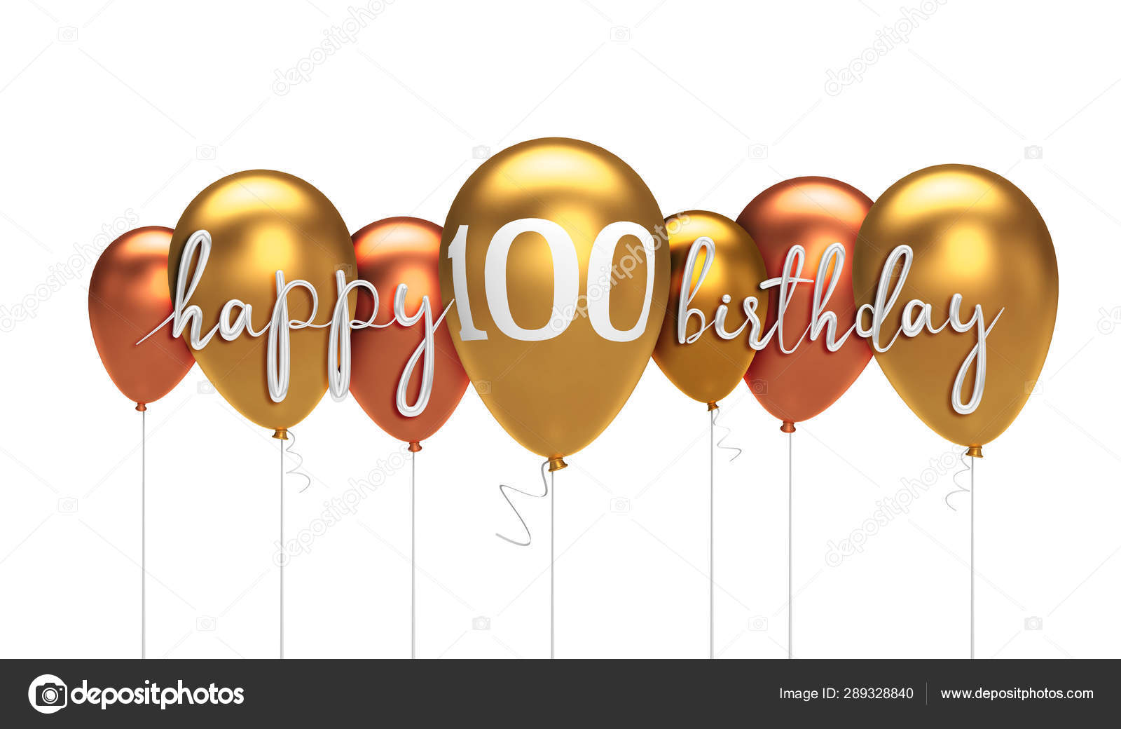 Happy 100th birthday gold balloon greeting background. 3D Render Stock Photo by ©InkDropCreative 289328840