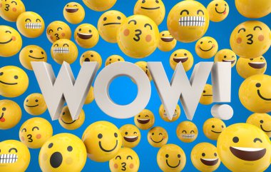 Wow kelime ile Emoji ifade karakter yüzleri seti, 3D rend