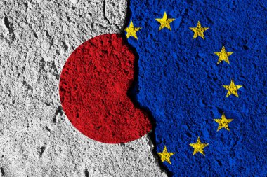 Avrupa Birliği ve Japonya bayrakları arasında çatlak. siyasi ilişki