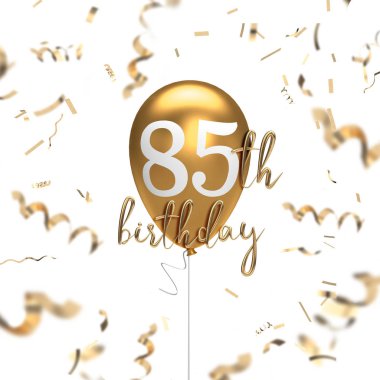Mutlu 85th Doğum günü altın balon tebrik arka plan. 3D renderi