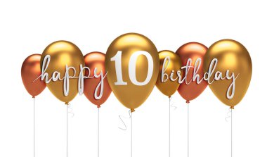 Happy 10 Doğum günü altın balon tebrik arka plan. 3D renderi
