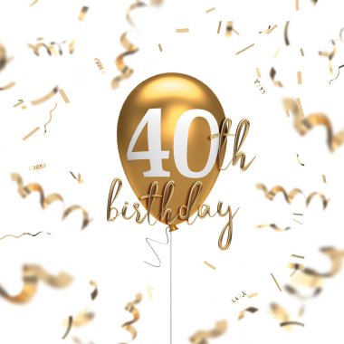 Happy 40th Doğum günü altın balon tebrik arka plan. 3D renderi