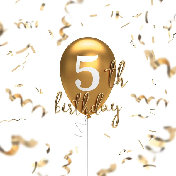 Happy 5th födelsedag guld ballong hälsning bakgrund. 3D renderin — Stockfoto
