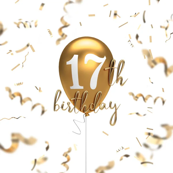 Happy 17th födelsedag guld ballong hälsning bakgrund. 3D Renderi — Stockfoto