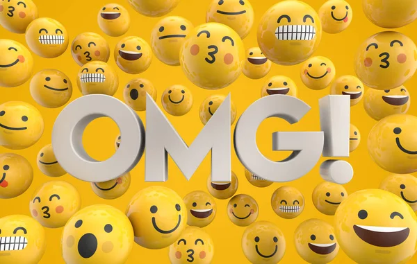 Emoji sözcük karakter kümesi kelime OMG, 3D rend ile yüzler — Stok fotoğraf
