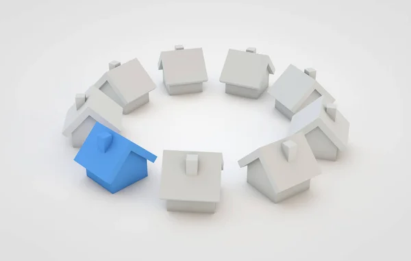 Koncepcja mieszkaniowa. Niebieski dom wyróżnia się od innych. Renderowanie 3D — Zdjęcie stockowe
