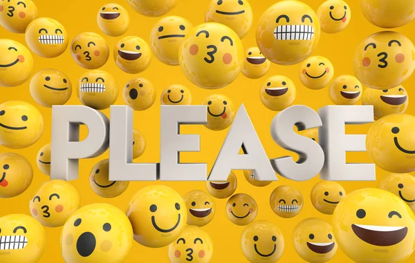 Set of emoji emoticon character faces with the word Please, 3D R