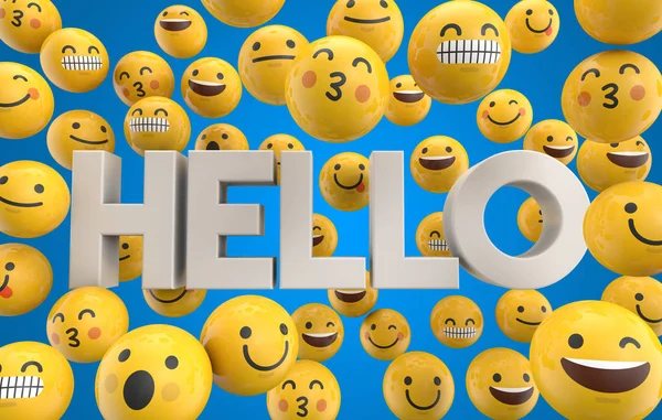 Set of emoji emoticon character faces with the word hello, 3D Re