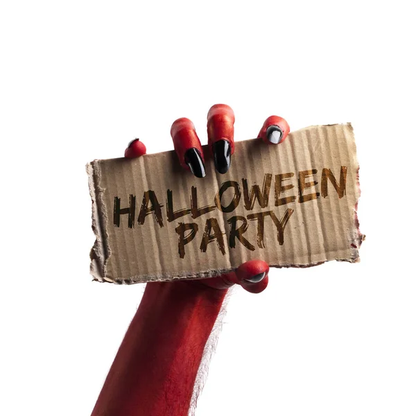 Fiesta de Halloween. diablo rojo o zombi monstruo mano sosteniendo un hal — Foto de Stock